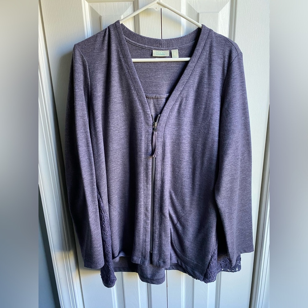 LOGO Lounge Lori Goldstein Blue Gray Long Sleeve Zipper Tunic Lace Back Size M